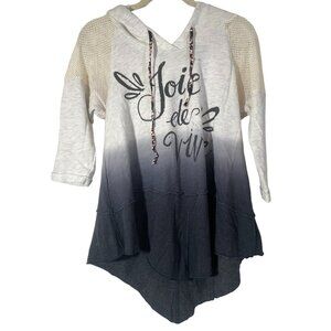 Memory Lane half sleeve boho sweater shirt hooded V-neck netting gray joie READ